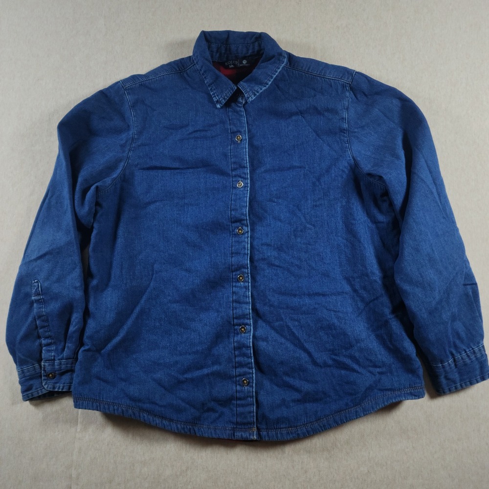 Fleece Lined Denim Shirt Jacket Womens Medium Blue Buffalo Plaid Riders By Lee